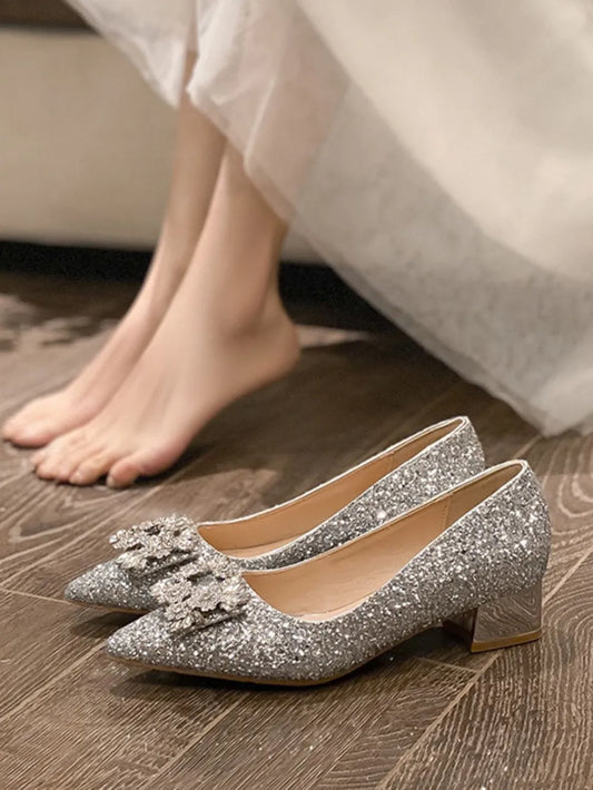 Silver French style mid heeled shoes for women's new square buckle wedding shoes and bridesmaid shoes
