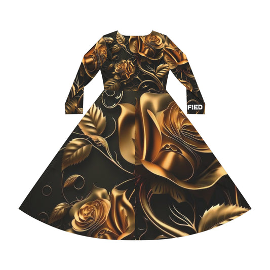DOPiFiED Women's Long Sleeve "Gold Floral" Dance Dress
