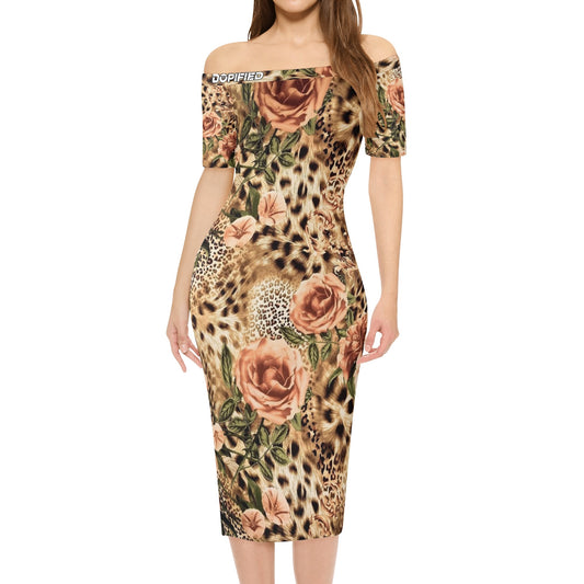 Animal & Floral Womens Off The Shoulder Short Sleeve Elegant Wrap Dress