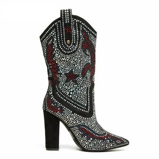 Pointed Boots Women Sexy Rhinestone Western Cowboy Suede Crystal Boots Black Chunky High Heels Women's Shoes