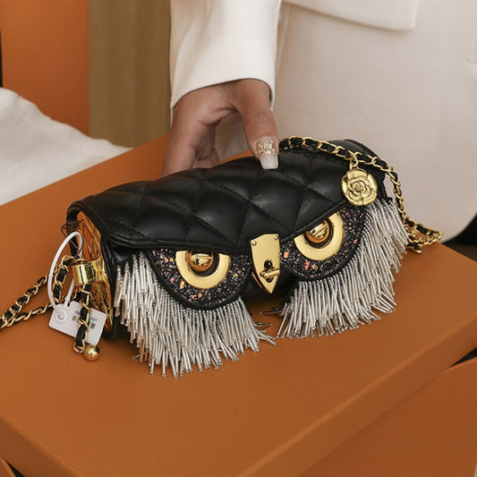 New Luxury Designer Leather Owl Handbag w/ Tassel