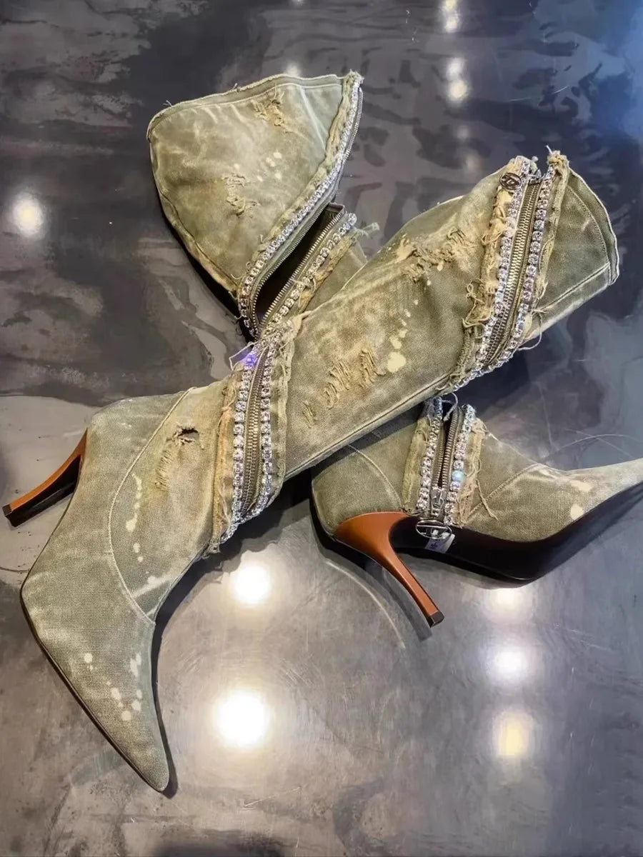 Streetwear Shiny Diamond High Heel Pointed Toe Knee Length Denim Boots New Autumn Winter Crystal Wrap Zipper Shoes