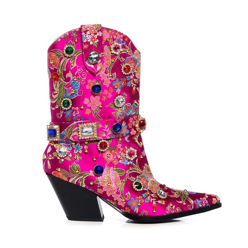Women Gemstone-embellished Cowboy Boots Female Wedge Heel Floral Satin Ankle Boots Ladies Sexy Pointy Toe Crystal