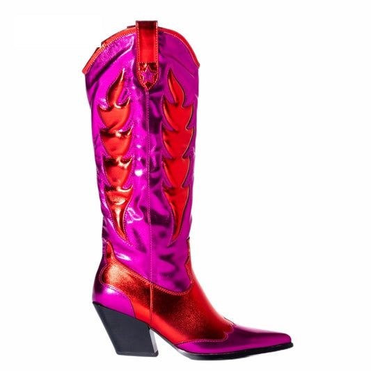 Women Chunky Western Cowgirl Boots Shiny Metallic Leather Mid-calf Boots Sexy Pointy Toe Pull On Patchwork Boot Fashion Footwear