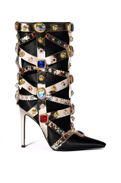 Luxurious Gemstone-embellished Mid Calf Boots Women Fashion Satin Short Boots Ladies Sexy Pointed-toe shoes