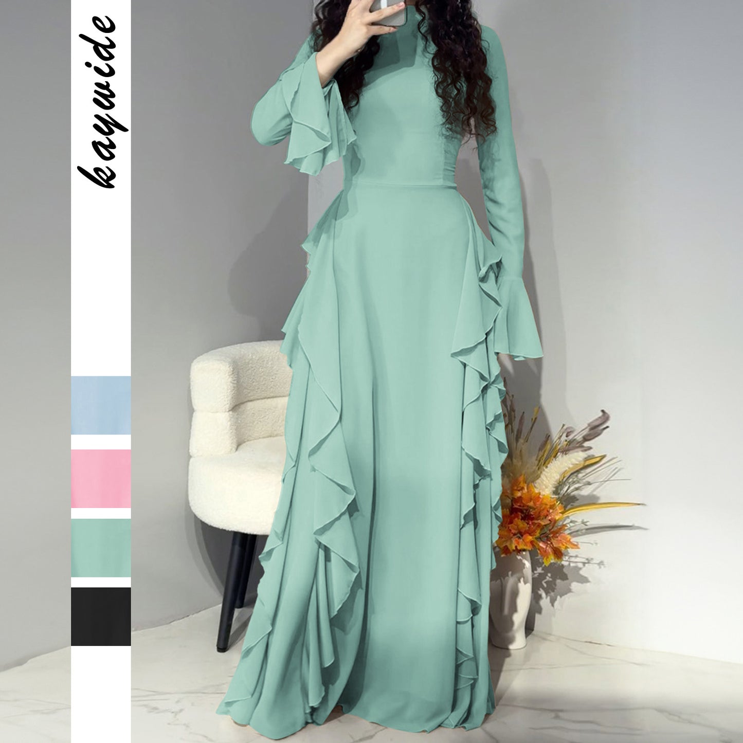 Elegant and casual high waisted solid color design with flared sleeves dress