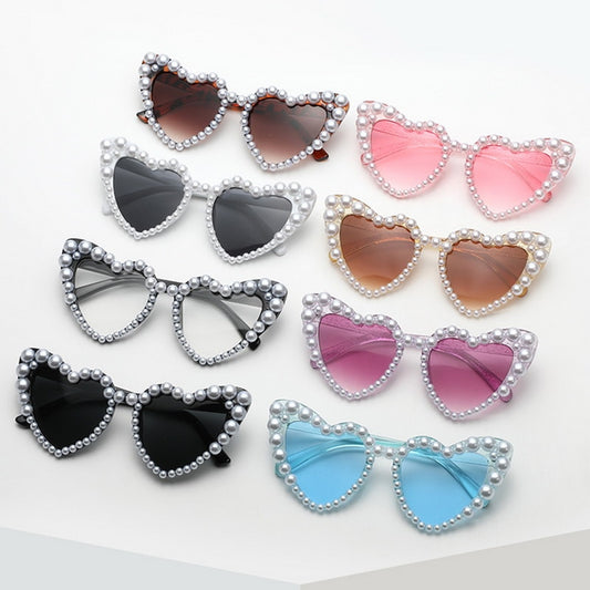 Retro Heart-Shaped Imitation Pearl Frame Sunglasses UV400 Women Cat Eye Pink Eyewear Trendy Beach Party Sun Glasses