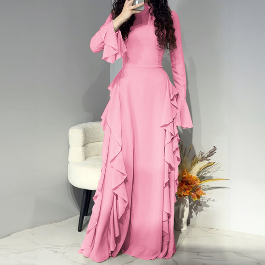 Elegant and casual high waisted solid color design with flared sleeves dress