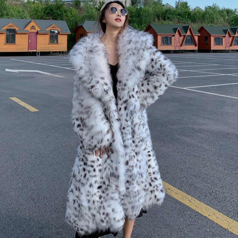 Women's winter imitation fox fur young leopard long knee-length mink coat