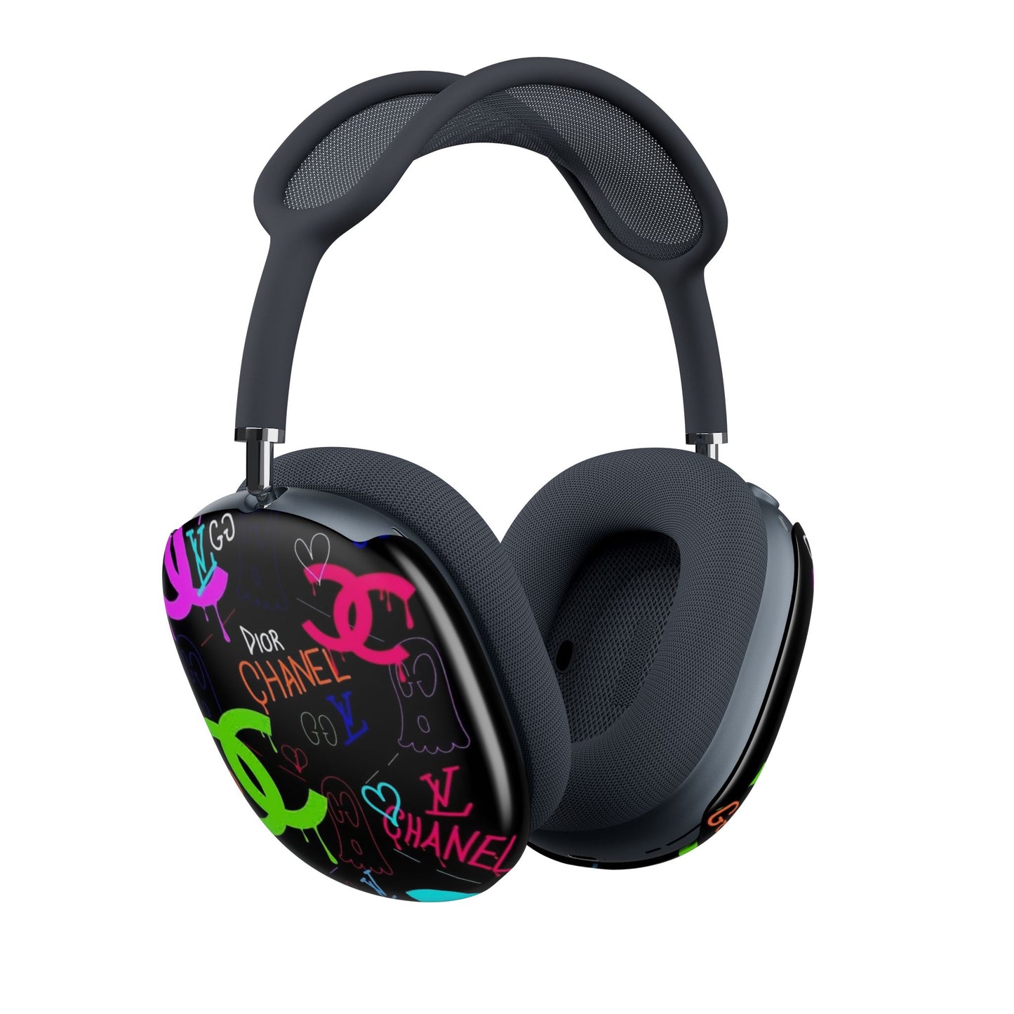 Designer Graffiti AirPod Max Case — Neon Chanel & Dior Logo Sleeve