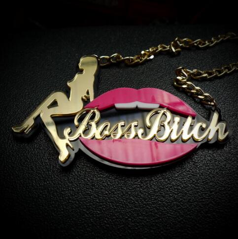Jewelry Gold Link Chain Necklaces for Women Fashion HipHop Acrylic Red Lip Girl BASS Bitch Pendant Necklace