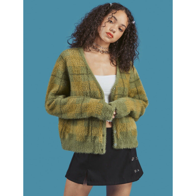 Ghost Horse Girl Thickened Warm Mink Fleece Checkered Sweater cardigan Coat