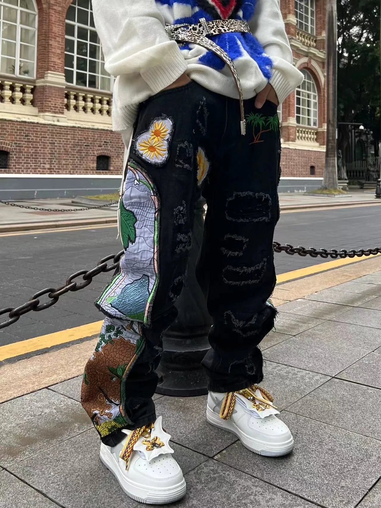 2024 Trend Ripped Tile High Street Retro Design Sense Heavy Quality Hip Hop Baggy Jeans for Men