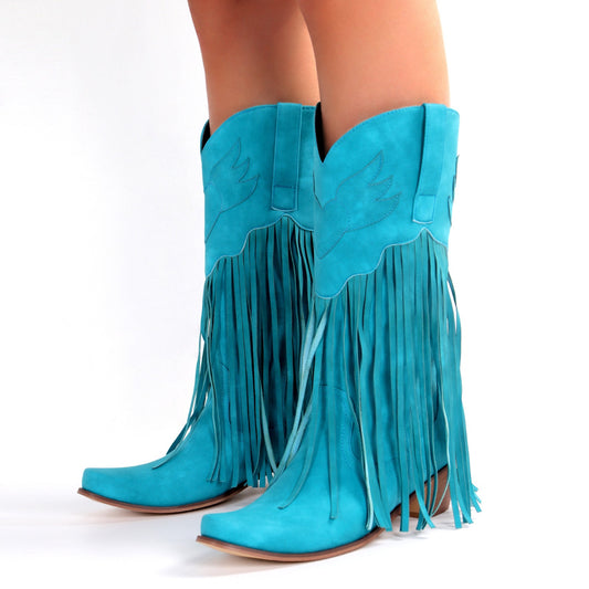 Fashion Women Cowboy Boots Retro Tassel Mid Boots Thick Heel Pointed Toe Western Woman Boots
