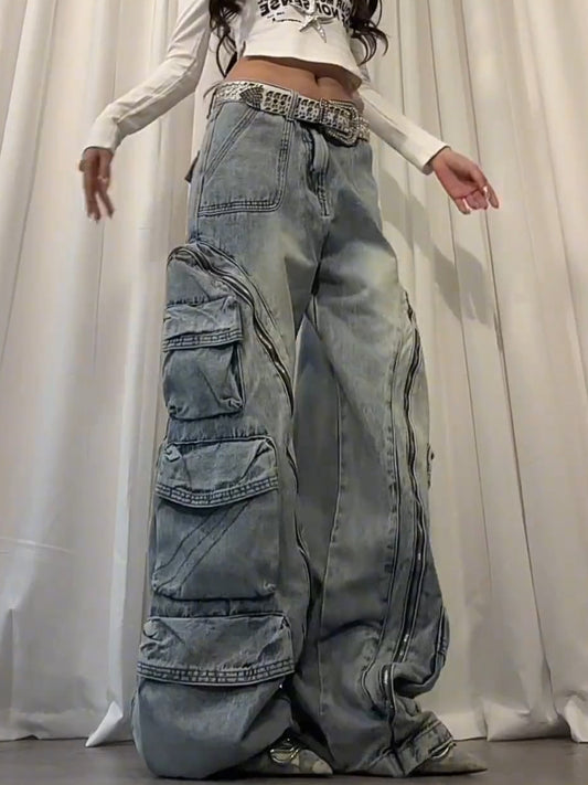 Washed multi pocket workwear jeans women's street straight leg loose wide leg pants
