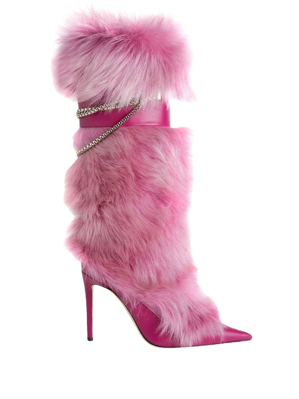 Pink Feather Pointed Toe Stiletto Heels Boots Crystal Chain High Boots Women Fashion Winter Keep Warm Long Boots