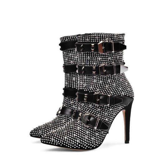 Fashion Crystal Stud Buckle Motorcycle Ankle Boots for women
