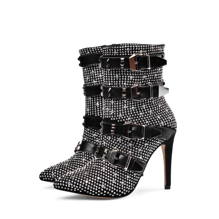 Fashion Crystal Stud Buckle Motorcycle Ankle Boots for women