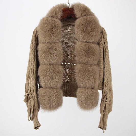 New Fashion Short Warm Loose Knitted Jacket with Natural Fur Placket Coat