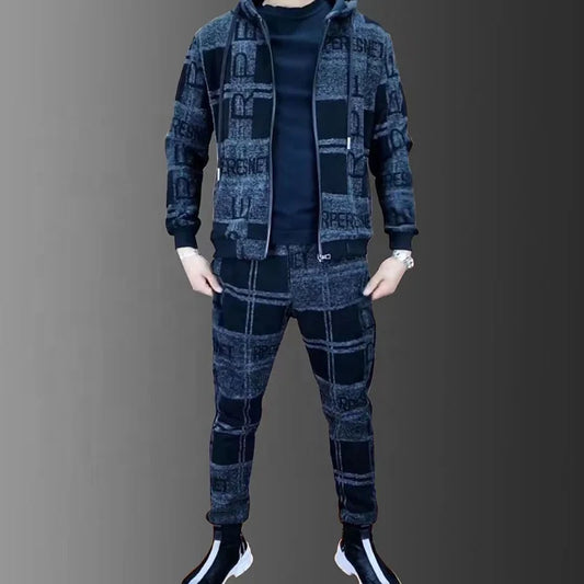 Mens Zipper Hoodie Tracksuit Set Luxury Printed Jacket+Sweatpants Male Lapel Jacket Suit 2Pcs Outdoor Athletic Sets