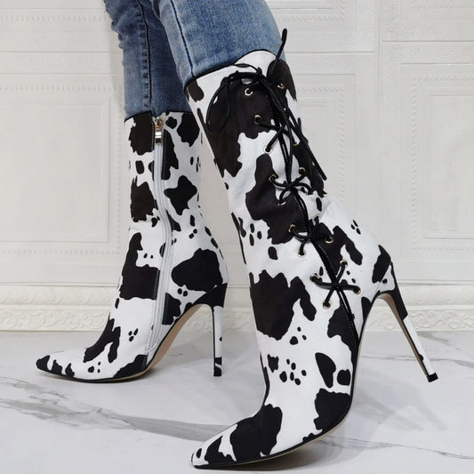 Milk Lines Women Fashion Short Boots High Thin Heel Mid-calf Boots Sexy Pointed Toe Side Zipper Lace up Pumps Women Boots