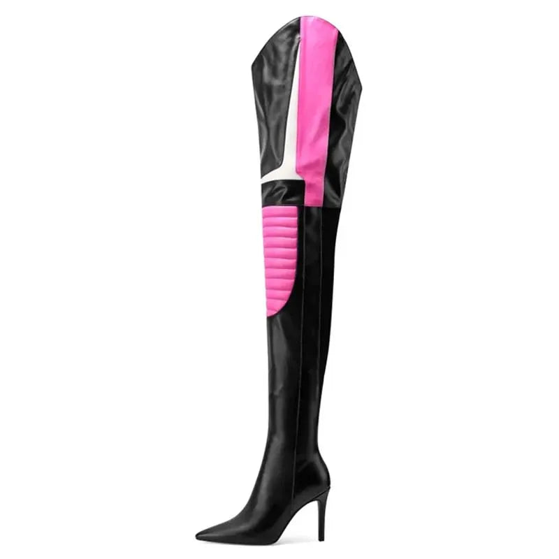 Colorful Mixed Color Women's Over Knee Boots Slim High Heels Side Zipper Pointed Shoes Lady Large Size 44 Thigh High Booties