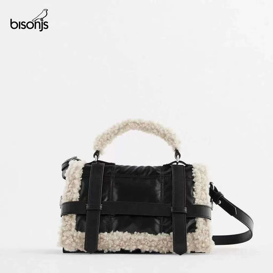 Jumbo Capacity Totes Handbag Black Pu Leather Shoulder Messenger Sheep Fur Bag