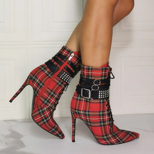 New Arrivals Plaid Pattern Ankle Buckle Strap Pointed Toe Women Ankle Boots Thin High Heels
