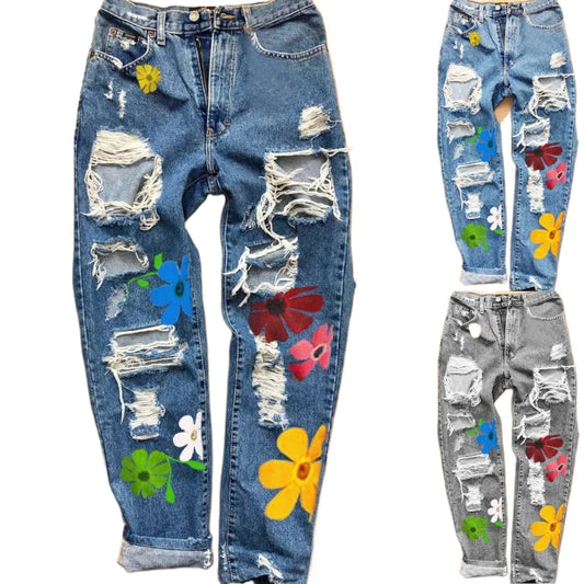 Fashion Trends Women Casual Flower Ladies Pencil Denim Hole Ripped Pattern Jeans