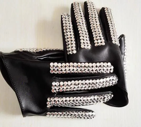 Women's fashion half palm Gloves lady's red white black PU leather gloves men's hip-hop rhinestone diy dancing gloves