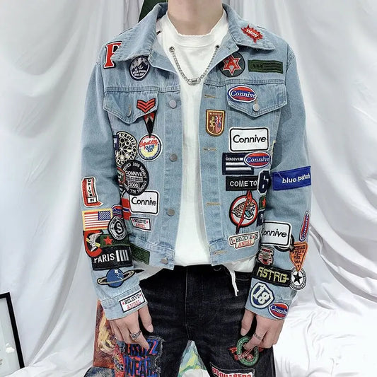Men's Embroidered Denim Jacket Trendy Slim Fit w Badge Jeans Coat