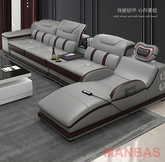 Italian Genuine Leather Sectional Sofa with Bluetooth, Speaker, Functional Headrest, Massage Chaise L Shape Corner