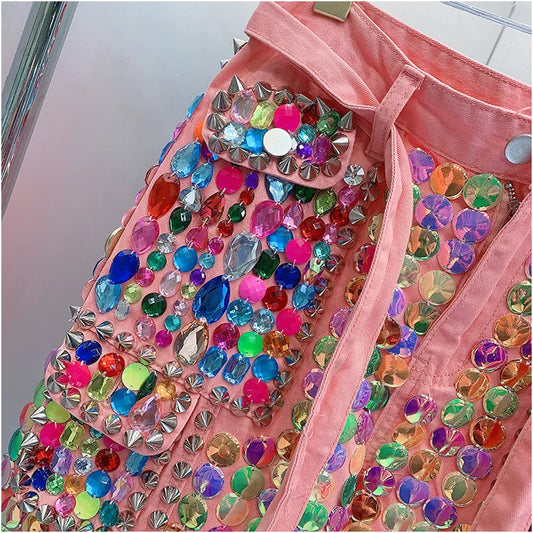 WHITNEY WANG Style Spring Fashion Streetwear Handmade Crystals Beading Pockets Sahes Women Denim Pants jeans