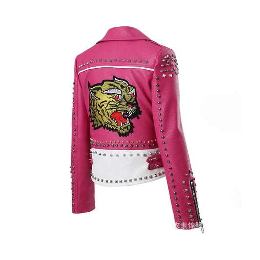 Punk Studded Motorcycle Leather Jacket Women 2026 Trend Streetwear Contrast Color Stitched Faux Leather Embroidered Jackets