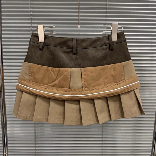 Autumn Winter New Niche Fashion Two-Piece Design Leather Patchwork Short Skirt For Women Pleated Skirts