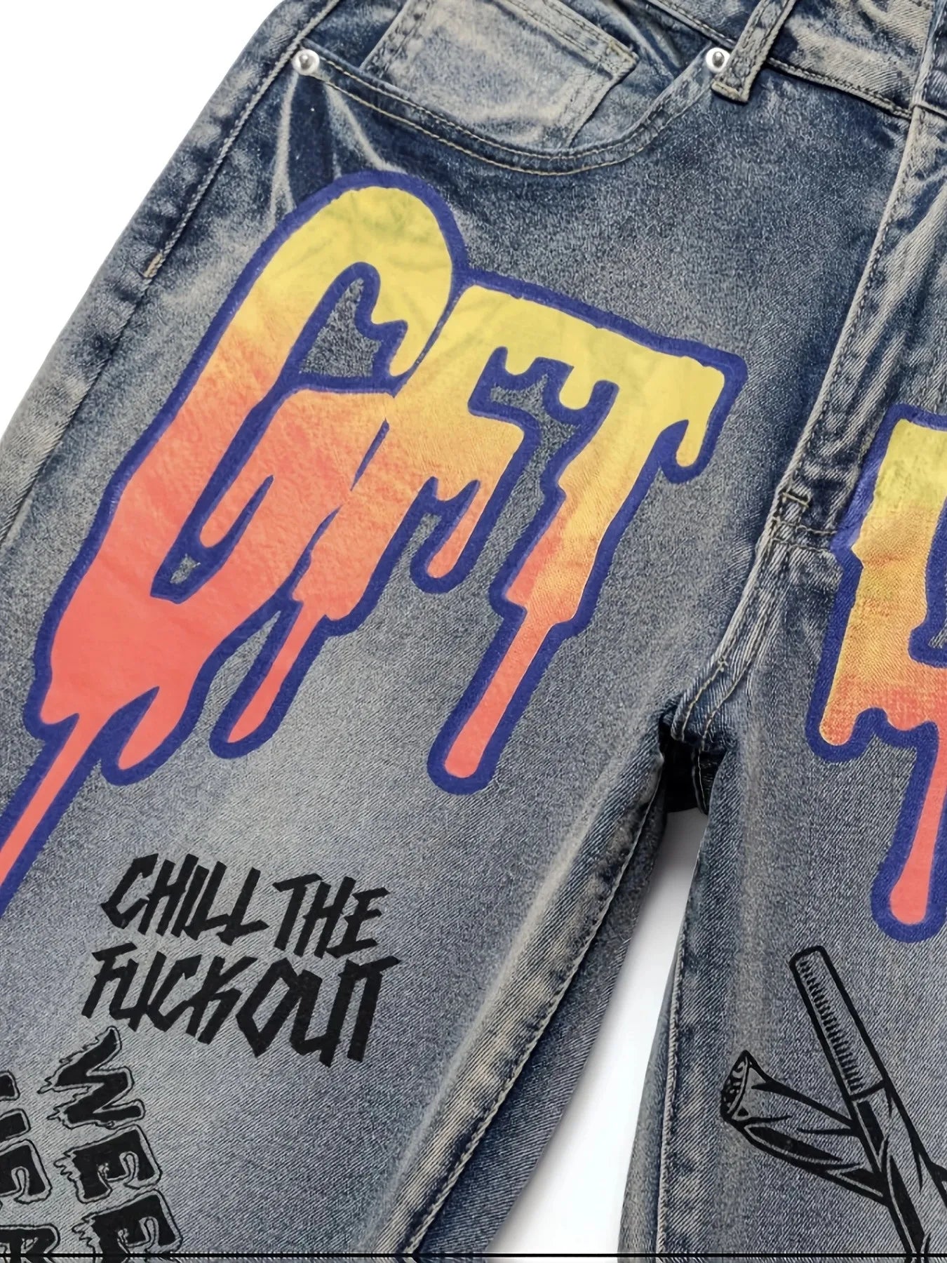 European and American all-sweep retro maple leaf ghost head straight jeans