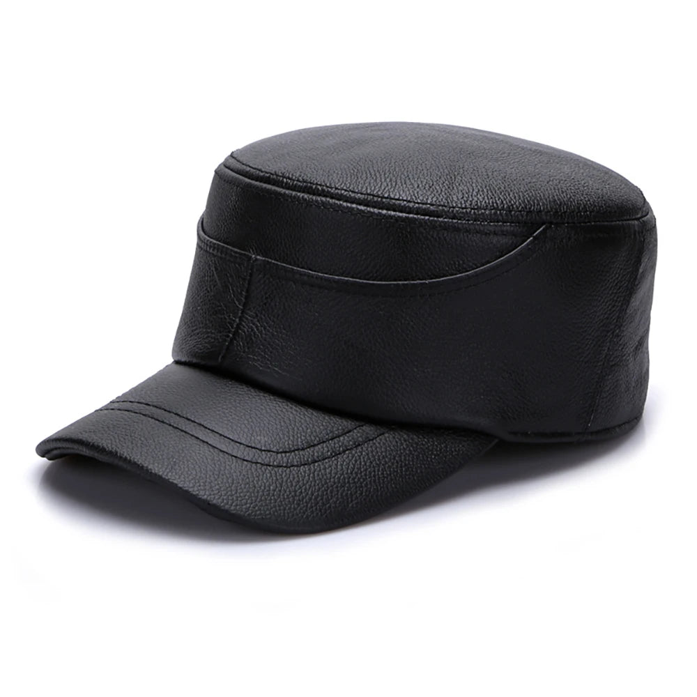 Men's Real Leather Fall Winter male 100% Genuine Real Cowhide Leather Military Cap