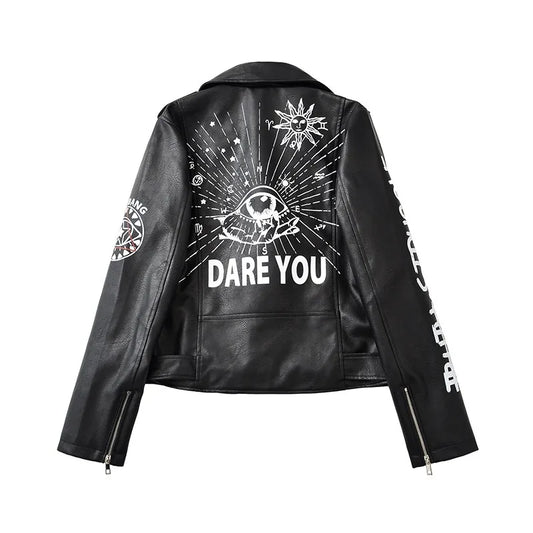 High Street Leather Jacket Women Rivet PU Leather Bomber Jacket Eyelet Print Punk Moto Biker Coat Outerwear Luxury Women Clothes