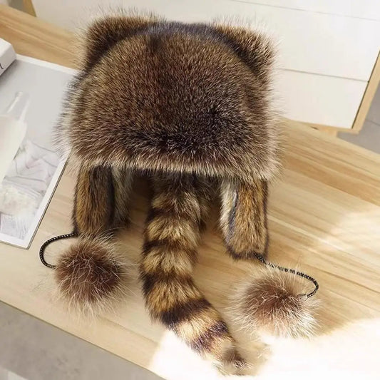 Trend Raccoon Fur Cap w tail. Thick Warm Ears Fashion Bomber Pom Pom Hat New