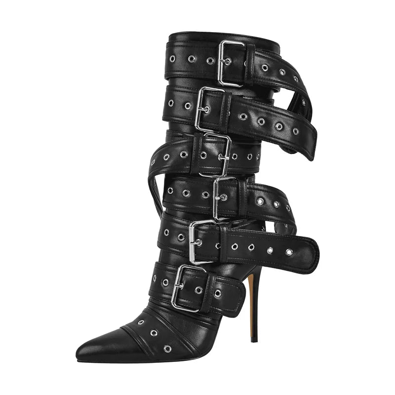 Onlymaker Women Pointed Toe Buckle Strap Mid-Calf Boots Thin High Heel Lady Zipper Stiletto