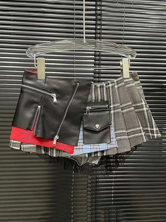 Patchwork Plaid Design Pleated Mini Skirts High Waist A-line Skirt Female/ women's
