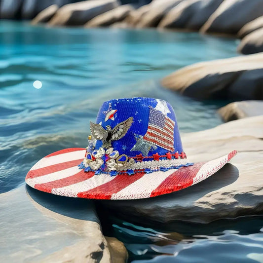 HongLuan Western Blue Disco Felt Cowboy Hat Rhinestone Woman for Cowgirl