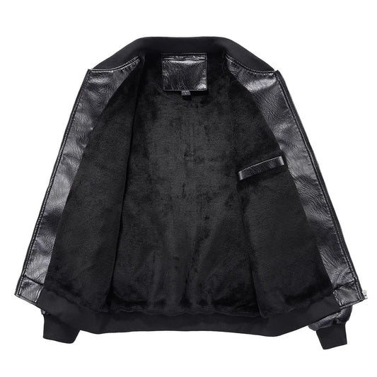 Autumn Winter Men Leather Jacket Motorcycle Punk Embroidery Stand Collar Male Plush Coat Waterproof Long Sleeve Man Outerwear