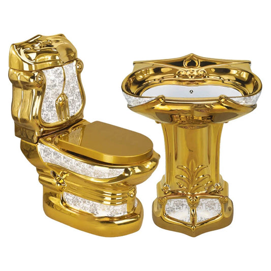 Bathroom Luxury Ceramic Two Piece Golden Toilet Seat Water Closet Wc Gold Toilets and Sink Sets
