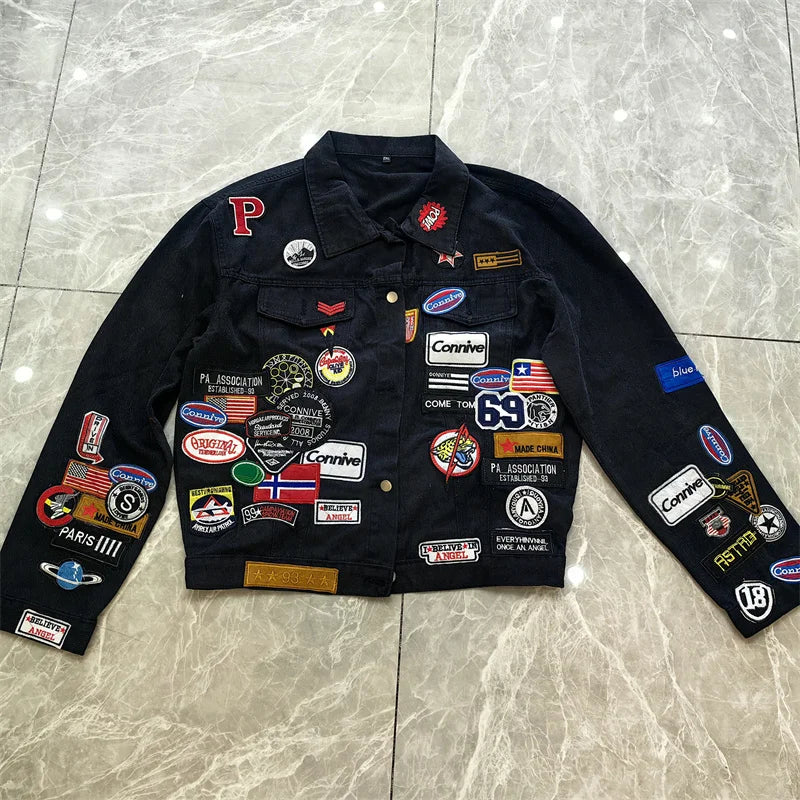 Men's Embroidered Denim Jacket Trendy Slim Fit w Badge Jeans Coat