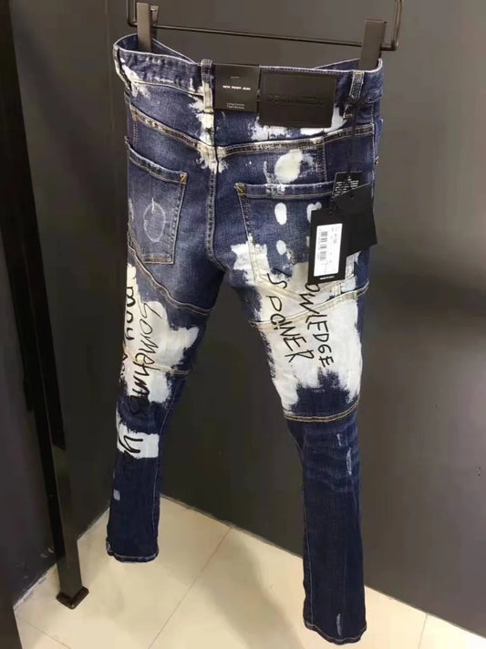 Spring Summer D2 Trendy Men's Distred Patch 3D Cutting fiti Print Slim Elastic Ankle Jeans Casual Busin Casual