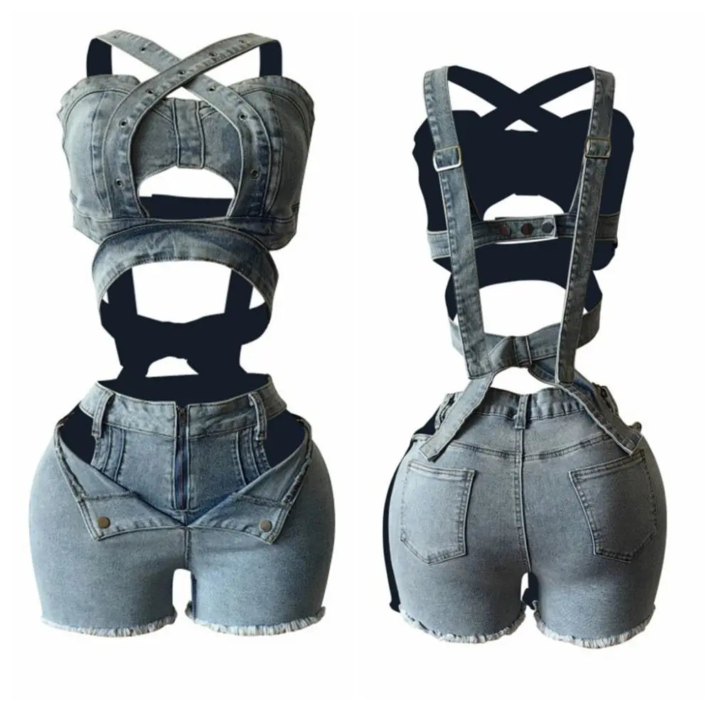 Harajuku Retro Cowboy Shorts Sets Jumpsuits Cross Belt Denim Crop Top Shorts Hollow Spicy Girl Style Sleeveless Bodysuit Beach