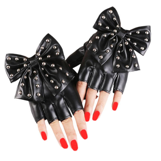 Fashion PU Leather Gloves Big Bow Rivet Sexy Disco Dancing Rock And Roll, Black Punk