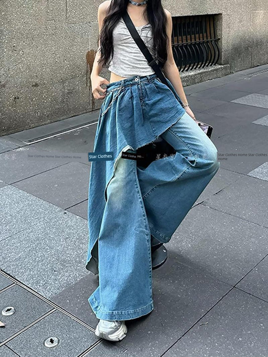 2026 European and American Retro Wide-Leg Scimitar Jeans for Women / Floor-Length Pants