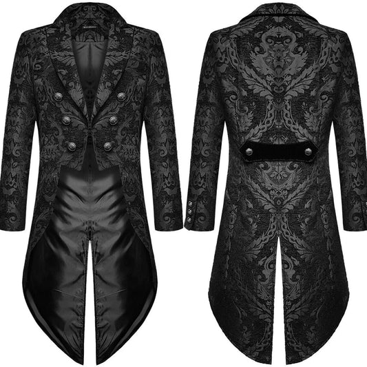 Golden Men's Tailcoat, Black Embroidered Trench Coat, Long Jacket.